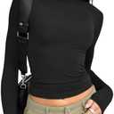 Trendy Queen Womens Long Sleeve T Shirts Fall Fashion 2026 Basic Crop Tops Going Out Outfits Y2k Clothes, Black, Size M