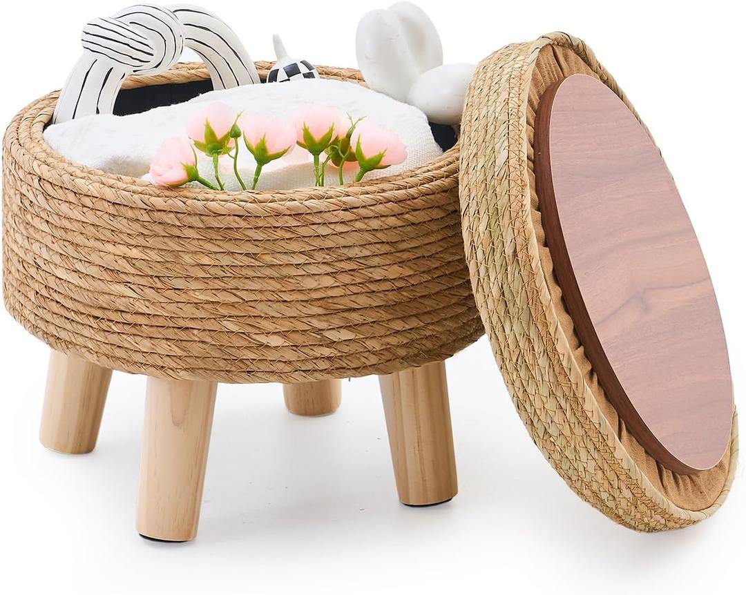 Cpintltr Storage Ottoman Poufs Handwoven Footstool Natural Seagrass Round Footrest Stool with 4 Wood Legs Soft Padded Outdoor Seat for Hallway Lounge Bedroom Garden