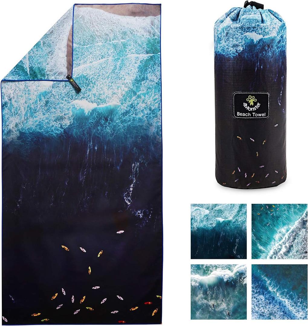 4Monster Microfiber Beach Towel for Travel Quick Dry Super Absorbent Lightweight Towel for Swimmers, Sand Free Towel, Beach Towels for Pool, Swim, Water Sports, 63x31'' (15 Ocean-B, 1pack)