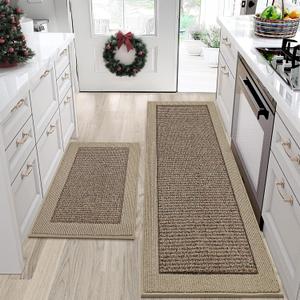 BEQHAUSE Kitchen Rugs and Mats Set of 2 Non-Slip Kitchen Mats for Floor, Absorbent and Stain Resistant Kitchen Runner, Machine Washable Rugs for Kitchen, Laundry & Sink, 24"x36"+24"x60", Taupe