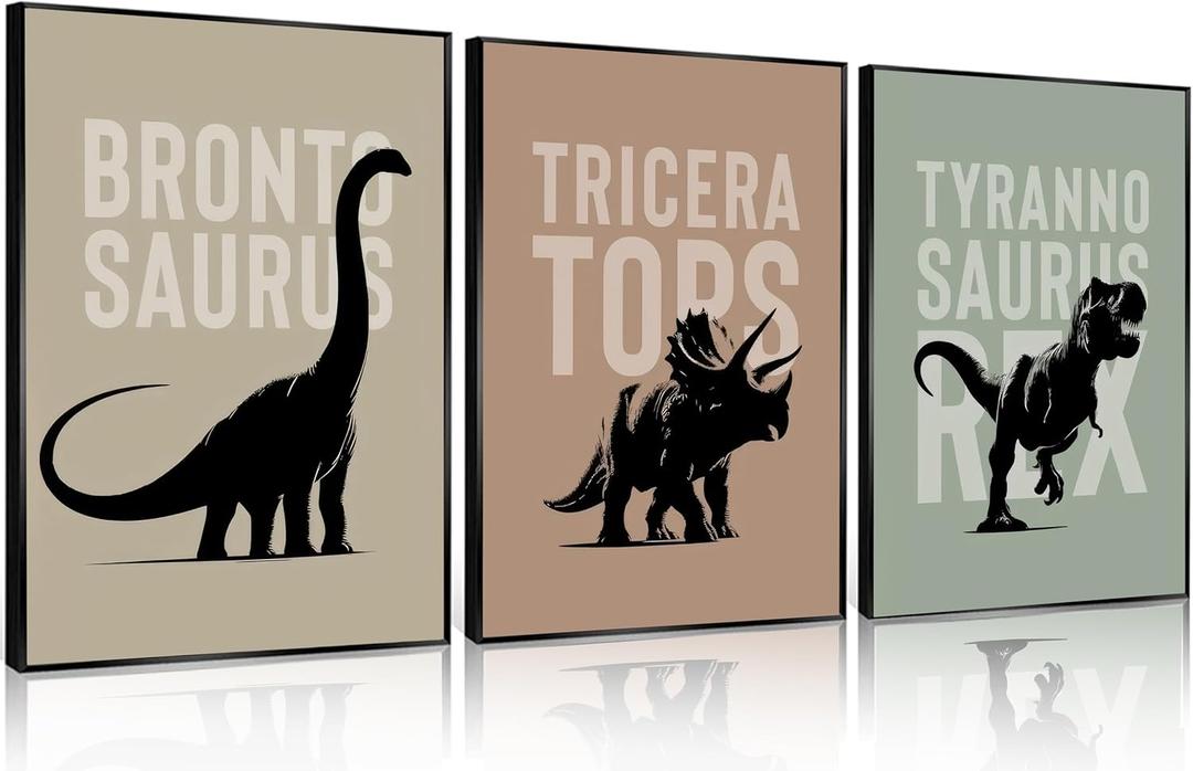 3Pcs Nursery Dinosaur Canvas Wall Art Bronto,Trike,T.rex Painting Picture Wall Decor Adorable Toddler Dino Poster Print Artwork for Kids Boys Room Nursery Classroom Playroom Home Decoration (1216in)