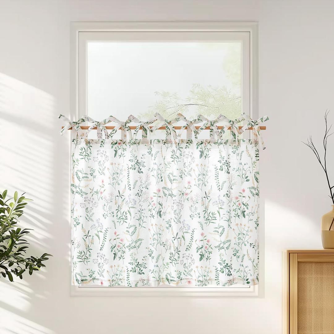 JINCHAN Linen Kitchen Curtain Floral Printed Tier Curtain 36 Inch Farmhouse Cafe Tie Top Botanic Small Window Drape for Farmhouse Cottagecore Laundry Bathroom Living Room Light Filtering 1 Panel Green