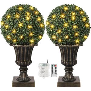 16inch Pre-Lit Faux Boxwood Balls with Sturdy Pot Base,Artificial Topiary Trees 2 Pack for Outdoor,UV Resistant & Waterproof Fake Greenery Plants Ball Tree for Front Porch Garden Home Decor,Gold
