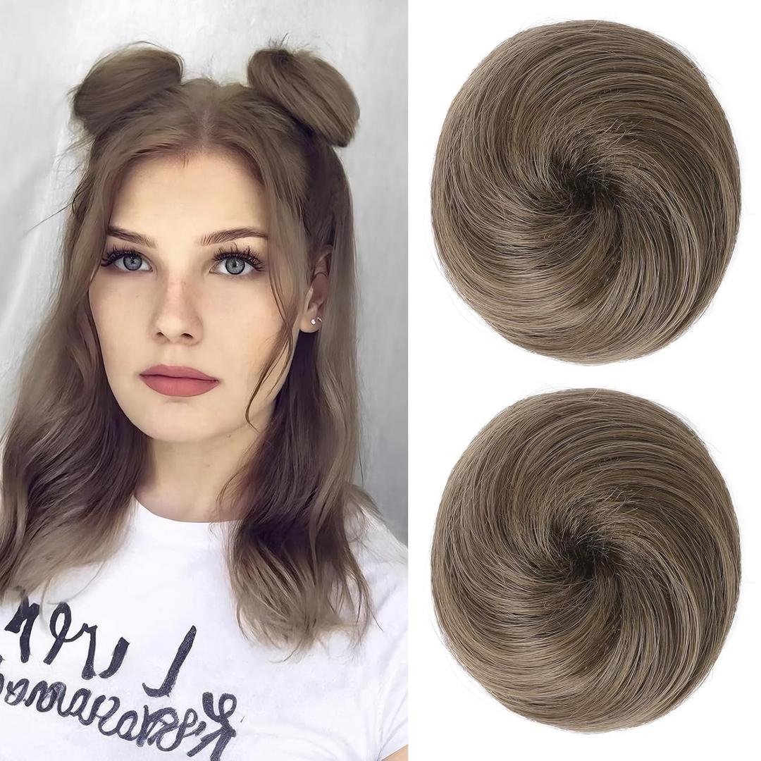 REECHO Space Bun Hair Pieces, 2 PCS Mini Claw Clip in Messy & Cat Ears Fake Hair Bun Extensions HB001 Wig Accessory Updo Hairpieces -Pack of 2-3" Straight, Light Ash Brown with Highlights