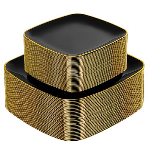 bUCLA 100PCS Black Plastic Plates with Gold Trim - Heavy Duty Black Gold Square Plates Disposable - Include 50 Each (Dinner & Dessert) for Party & Graduation