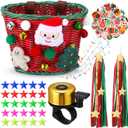 Christmas Bike Basket, Christmas Bike Basket Front Set Include Rattan Woven Bike Baskett with Bells Santa Plush Patterns, Xmas Stickers, Bike Bell, 2 Pcs Ribbons Tassels, Wheel Spoke Decoration (Red)
