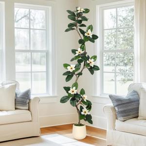Rubber Tree 7FT Artificial Tree in White Planter Pot,Faux Plants Indoor Faux Floor Plant Artificial Plants with 8 Pcs Magnolia Flowers for Home Decor, Artificial Fiddle Leaf Fig Tree for Office (Green)