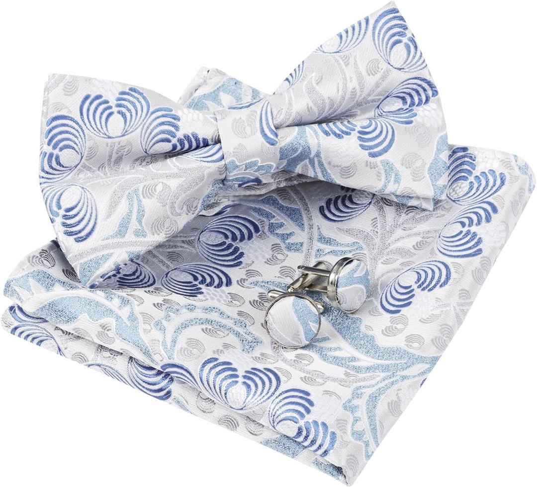 Alizeal Mens 3pcs Floral Pattern Pre-tied Bow Tie, Pocket Square and Cufflinks Set