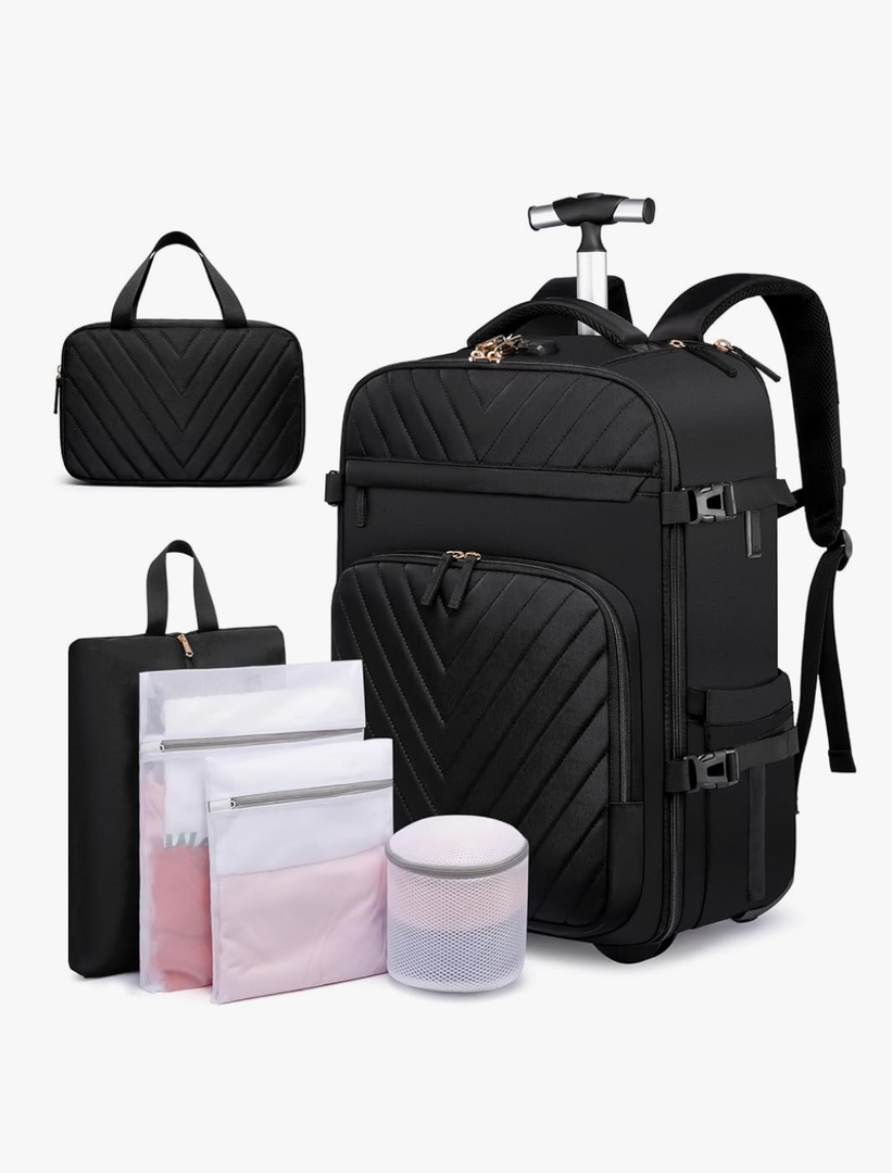 Rolling Backpack for Men, Expandable Carry On Backpack With USB Port & Lock, Laptop Backpack with Anti-theft Layer, Waterproof Business Travel Backpack with 6 Bags, Black