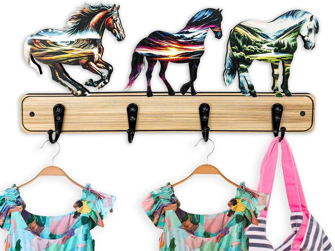 13.8Long with 4 Metal Hooks Wooden Unique Decorative Modern Art Horses Animal Kids Coat Rack Hook Wall Mount