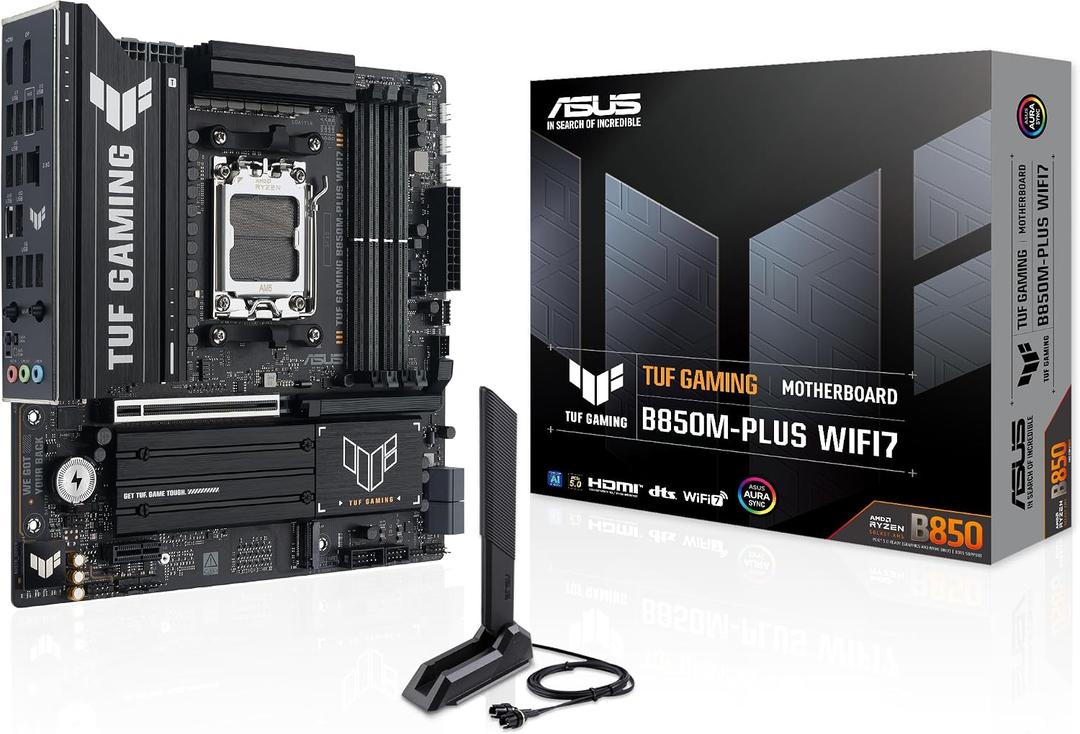 TUF Gaming B850M-PLUS WIFI7 AMD B850 mATX Motherboard, 14+2+1 80A DrMOS Power Stages, DDR5, PCIe 5.0, 3X M.2 Slots, WiFi 7, 2.5Gb Ethernet, DisplayPort, HDMI, Rear USB-C 20Gbps and Front USB-C 10Gbps