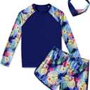 Girls Rash Guard 2-Piece Swimsuit Set - Long Sleeve Swimwear with UPF 50+ Sun Protection 4-14 Years (Purple)