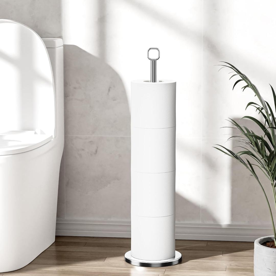 Toilet Paper Holder Stand - Free-Standing Tissue Paper Storage with Reserve Function, Black Toilet Paper Roll Holder for Bathroom, Stainless Steel. (Silver)