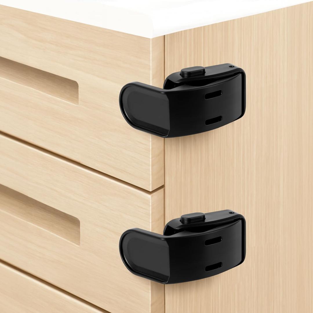 Maveek Baby Proofing Drawers, 4 Pack Child Proof Locks For Corner Drawer Thinner Door Cabinet Kitchen Cupboard Dresser Fridge, Childproof Furniture Latch For 0-12 month Infant (Black)