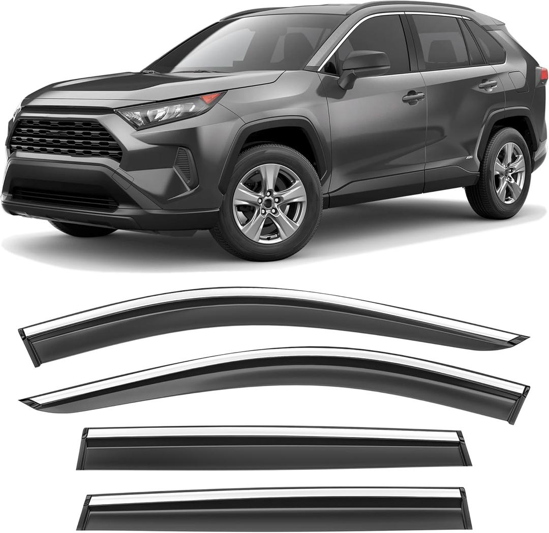 Shatterproof Taped-On Window Deflectors for Toyota Rav4 2019-2025 with Chrome Trim, Rain Guards, Window Visors for Car, Vent Deflector, 4pcs
