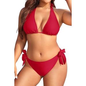 Women Plus Size Bikini Set Two Piece Sexy Swimsuit Tie Side Halter Bathing Suits, Red, 18W