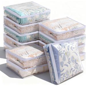 Dimeho 12 Pcs Clear Clothing Organizer Plastic Sweater Storage Bags Zippered Storage Bags with Label Pocket Container for Blankets Linen Sweater Clothes Bed Sheet Pillow (15.7 x 13.8 x 3.9 Inch)