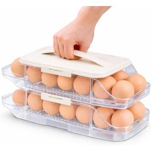 Egg Holder for Fridge Organization - 30 Slot Egg Organizer for Refrigerator with Rolling Dispenser | 2 Layers with Locking & Detachable Trays