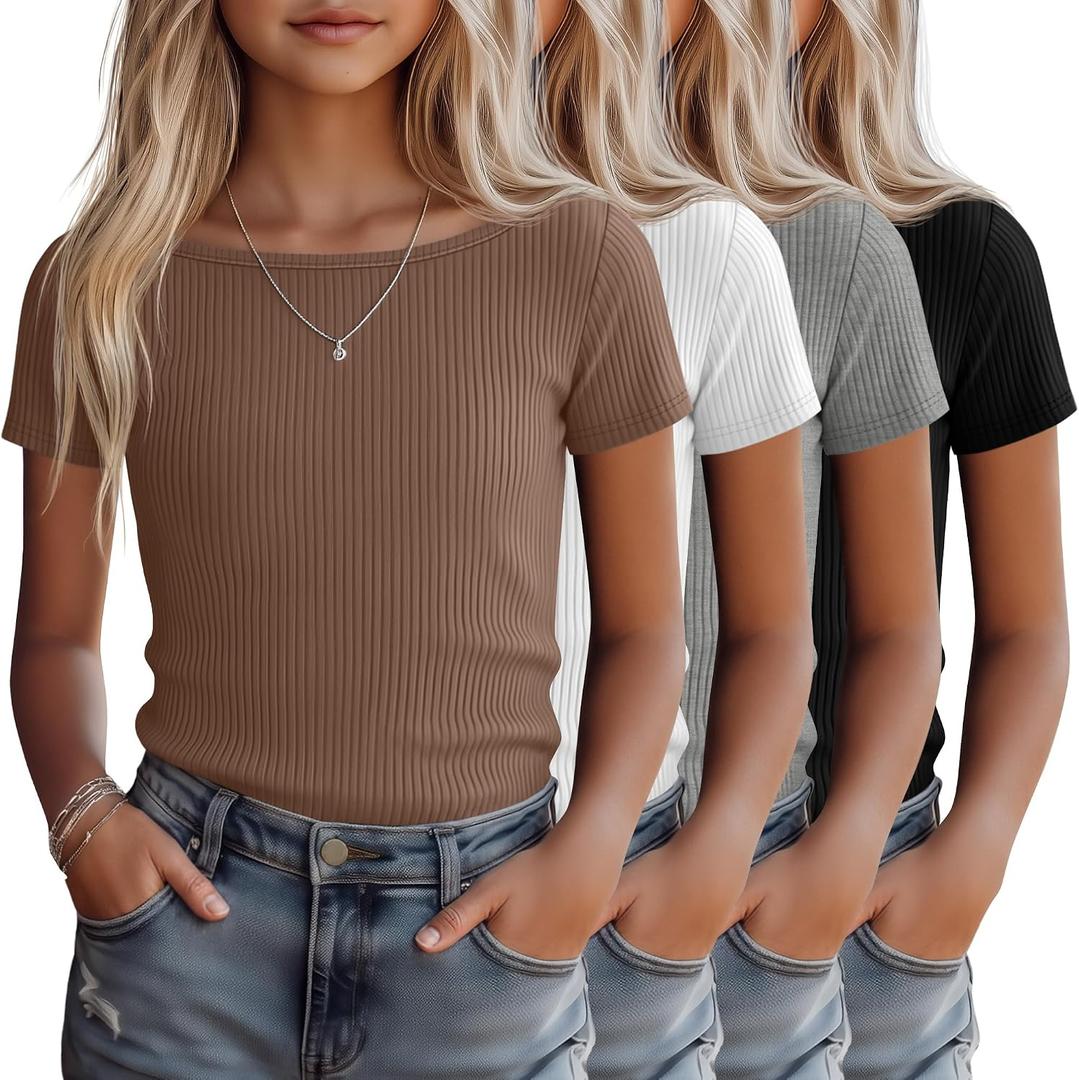 4 Pack Girls Short Sleeve Shirts Ribbed Knit Cotton Boat Neck Slim Fit Tops Basic Casual Cute Tees for 5-14 Years (Black)