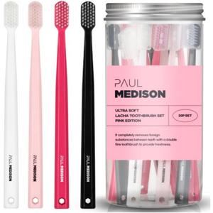 Extra Soft Toothbrushes for Adults, 20-Pack Ultra Fine Bristle Toothbrush Multipack with Covers | Small Head, Gentle on Sensitive Gums | Aesthetic Pink, Black & White Design