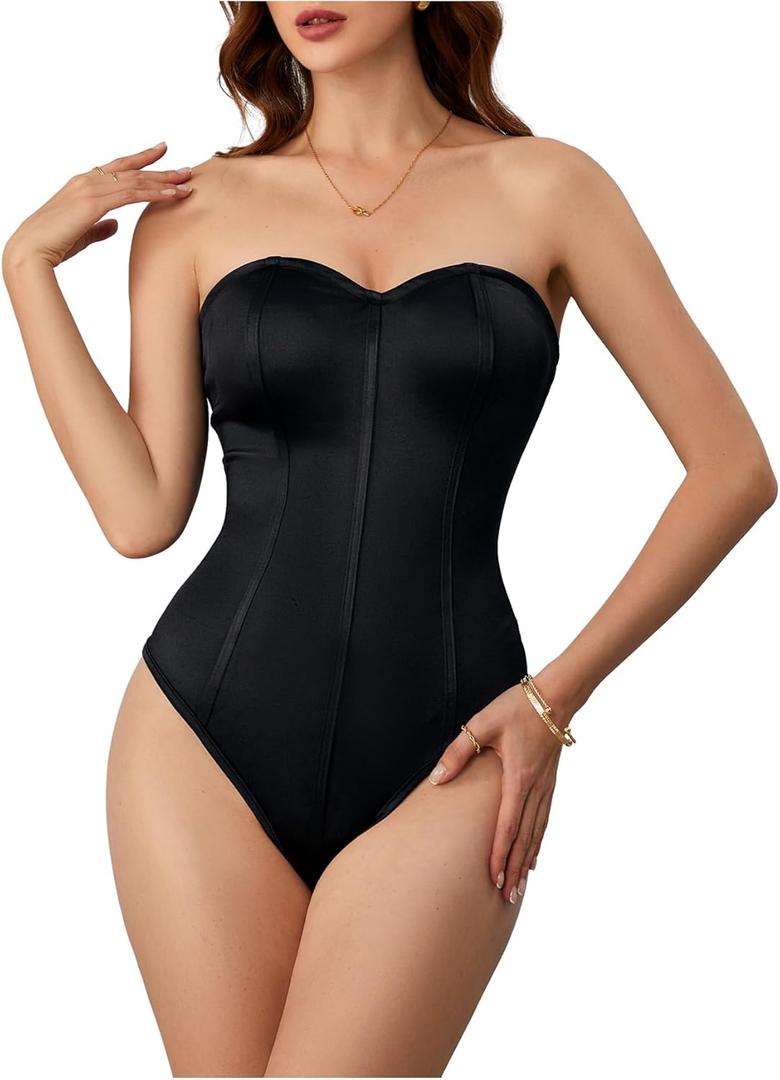 OYOANGLE Women's Silk Satin Bodysuit Sleeveless Strapless Tube Backless Solid Plain Slim Fit Bodysuit Tops (Medium, Black)