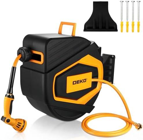 Retractable Garden Hose Reel:100 ft x 1/2 inch, Garden Hose Reel with 9-Pattern Nozzle, 180°Swivel Bracket Wall-Mounted, Automatic Rewind, Lock at Any Length, with Slow Return System