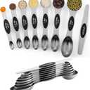 ChefAide Pack of 8 Stainless Steel Magnetic Measuring Spoons Set, Dual Sided, Stackable, Adjustable Teaspoon and Tablespoon Measure Spoon with Leveler, Kitchen Gadgets Set 5, Black