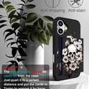 IWONE Compatible with iPhone 16 Plus Case with Card Holder Cute Shockproof Drop Protection Phone Wallet Slot Cover Cases for Women - Black Floral Skull Skeleton