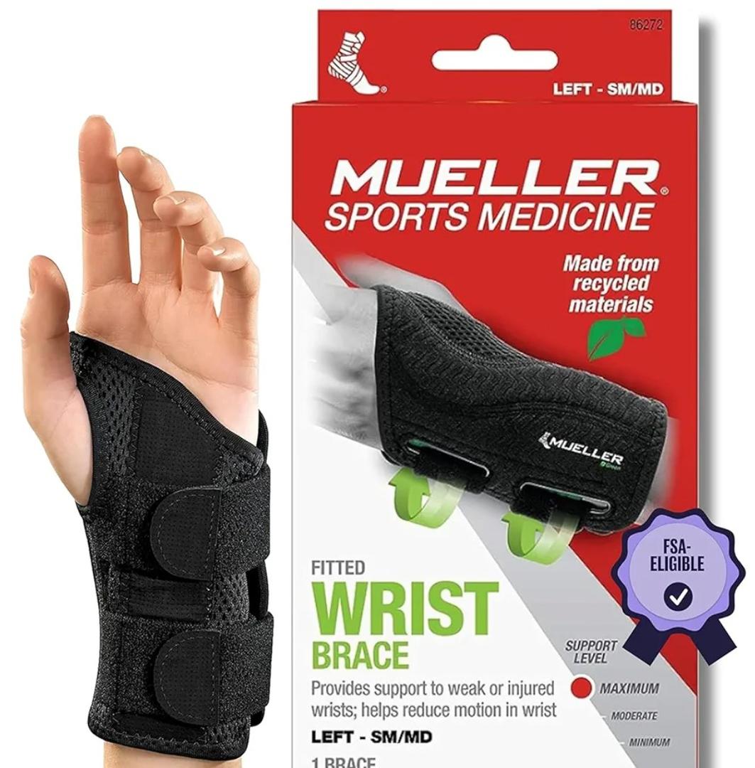 MUELLER Sports Medicine Green Fitted Wrist Brace for Men and Women, Wrist Pain Relief Support, Ideal for Carpal Tunnel, Tendonitis, Arthritis, Left Hand, Black, Small/Medium