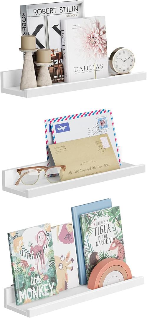 SONGMICS Floating Shelves, Set of 3 Wall Shelves, 15-Inch Wide, for Photo Frames and Trinkets, for Living Room, Home Office, Kitchen, Bathroom, White ULWS38WT