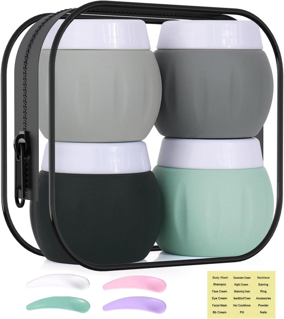 Travel Containers for Toiletries, GLAMFIELDS TSA Approved 1.7oz 50ml Travel Size Silicone Cream Jars BPA Free, Leak-proof Travel Essentials with Lid for Cosmetic Face Hand Body Cream Grey (4 Pack)