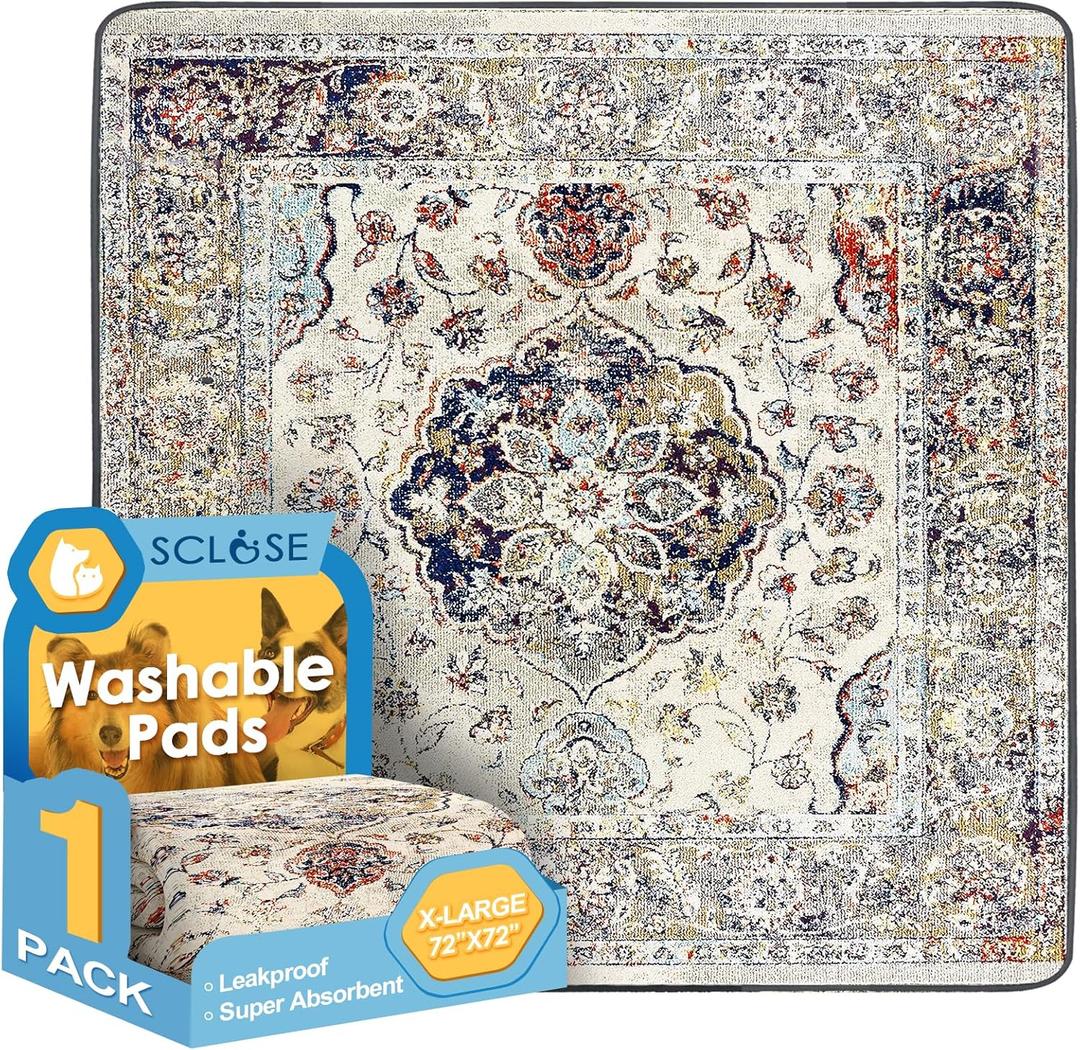 Washable Pee Pad for Dogs Extra Large, 72" x 72" Reusable Puppy Pads Waterproof Dog Rugs, Super Absorbent, Leakproof, Dog Crate Pad, Playpen Mat, Whelping Pads, Vintage Medallion