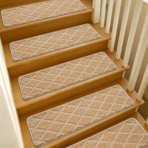 9"x30" Stair Treads for Wooden Steps Indoor, 15 Pcs Non Slip Peel and Stick Carpet Stair Treads, Washable & Reusable Self Adhesive Stair Runner Rug for Kids Elders Pets - Beige