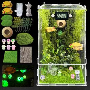Jumping Spider Enclosure,DIY Insects Habitat,Small Reptile Terrarium Glass House Accessories Set,with Temperature and Humidity Detector Water Feeder Platform Hide,5.5x5.5x9.5 (Forest)