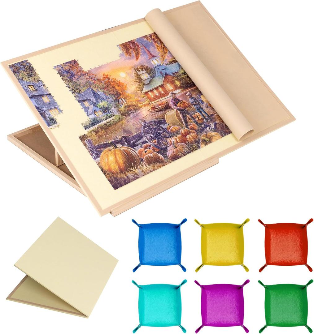 Tektalk Foldable Jigsaw Puzzle Board with 4 Angle Adjustable Bracket/Stand, Lightweight Portable Puzzle Mat Plateau with Wooden Easel, Foldaway Felt Puzzle Table, for Up to 1500 Pieces (Beige)