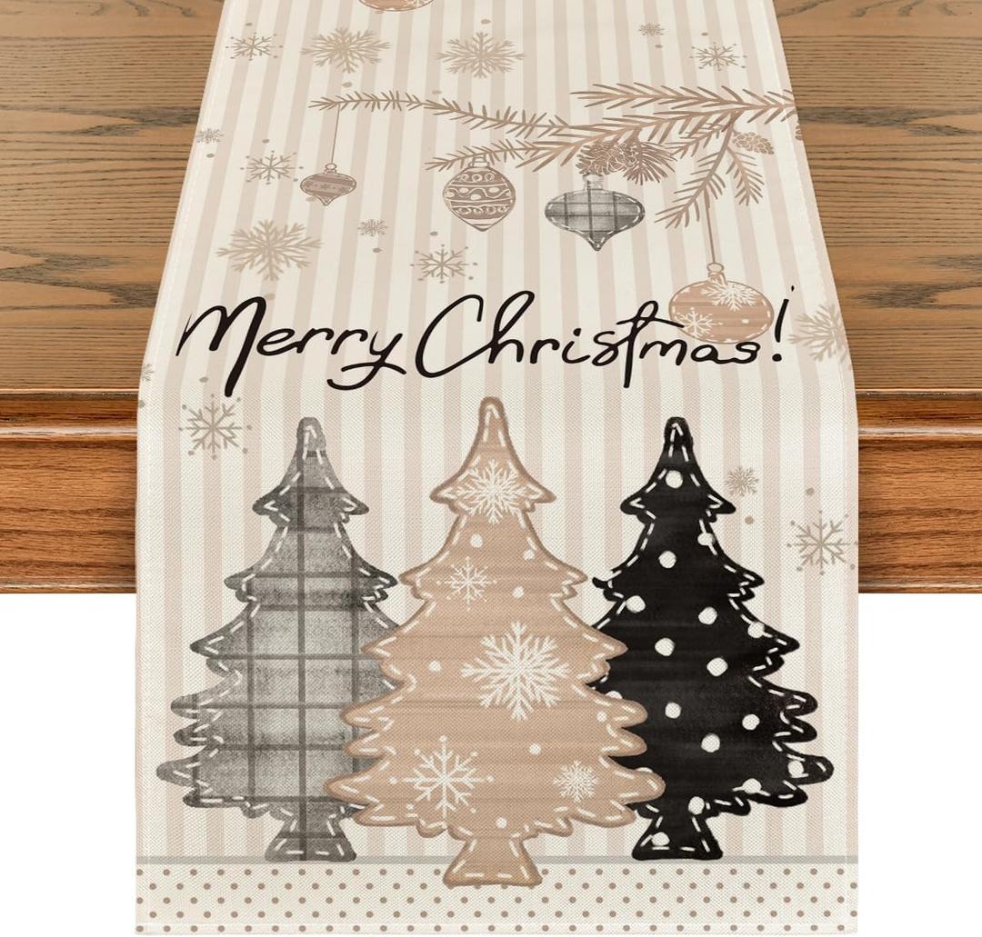 Artoid Mode Stripes Pine Trees Merry Christmas Table Runner, Winter Xmas Holiday Kitchen Dining Table Decoration for Home Party Decor 13x90 Inch (Brown)