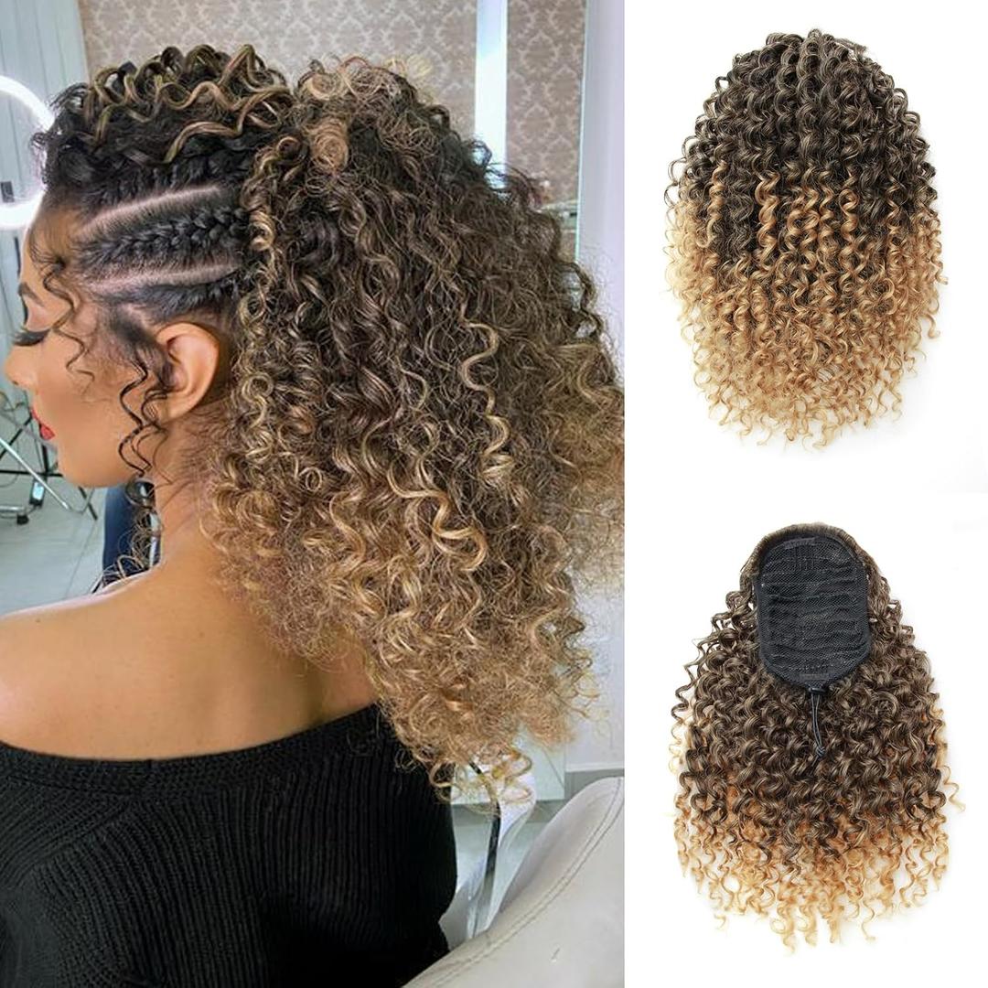 YXCHERISHAIR Ponytail Extension,Curly Wavy Ponytail Ombre Drawstring Ponytail Hair Extensions for Women Natural Wavy Synthetic Hairpiece for African Women Daily Use party(T1B/30, 14inch)