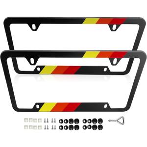 Matte Black Stainless Steel License Plate Frame,Stronger Than Aluminum, Rustproof, Sporty Red Stripe, Includes Screws & Caps, Perfect for US Plates, Durable Car Accessories,2PCS (Tri-color-Yellow Red)