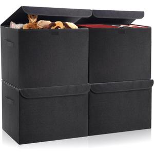 Large 22 Quart Linen Fabric Foldable Storage Bin Cube Organizer Basket with Flip-Top Lid & Handles, Clothes Blanket Box for Home, Office, Closet, Black, 4 Pack 14.6 x 9.5 x 9.5