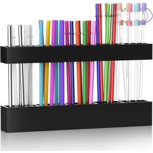 9.5 Large Acrylic Straw Holder for Cabinet Door, Reusable Adjustable Two-Part Straws Organizer with Ultra Sticky Adhesive Strips, 2026 Straw Storage for Kitchen Cupboard (Black)