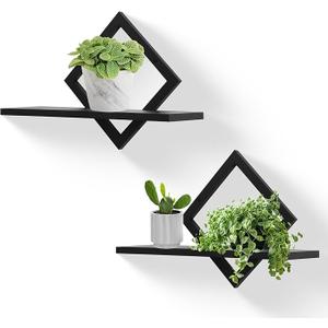 Floating Shelves for Wall,Decorative Wall Shelf,Hanging Shelf for Plants Storage Display Holder,Indoor Decor for Living Room Home Office Bathroom Bedroom,Solid Wood,Diamond Shaped,2 Pack(Black)