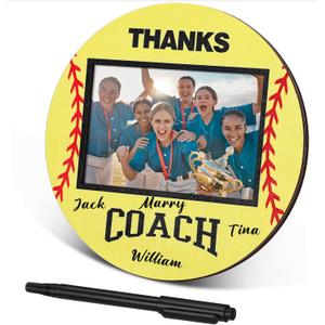 RattanView Sport Ball Picture Frame 4 x 6 Signable Thanks Coach Picture Frame with Pen Coaches Appreciation Photo Tabletop for Home Table Decorations Coach Team Birthday Gifts(Yellow,Softball,Round)