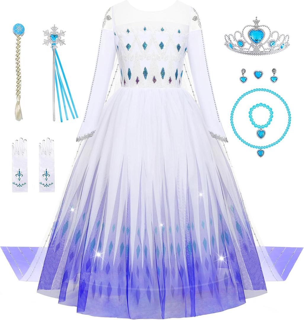 Aoiviss Girls Princess Costumes Snow Queen Princess Dresses Fancy Dress Up Clothes for Halloween Snow Party Cosplay, White, 140