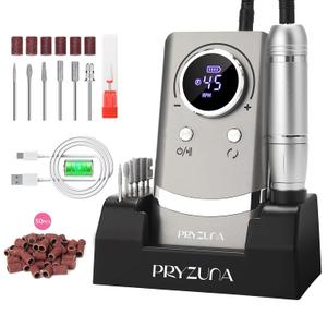 Portable Nail Drill Electric File: 45000RPM Professional Rechargeable Nail E File Machine for Acrylic & Gel Nails, Cordless Efile with 7 Drill Bits, 56 Sanding Bands & Base for Salon Home (Gray)