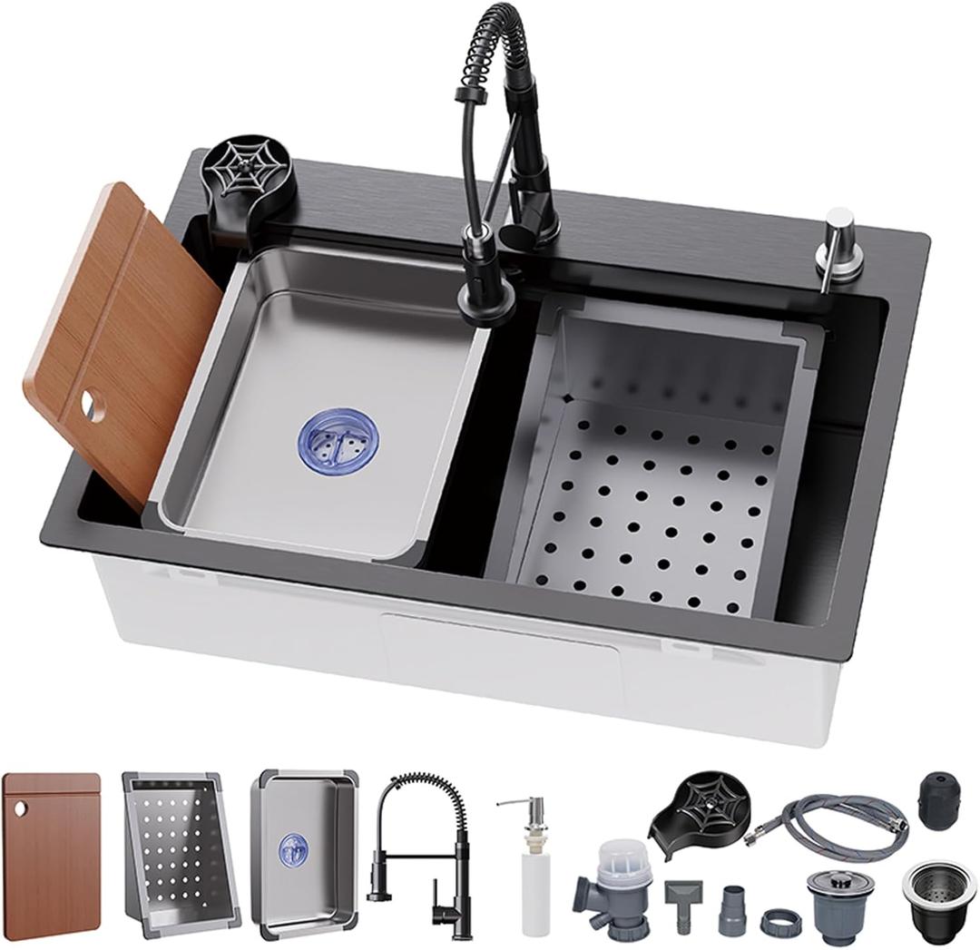 29.5 * 17.7 inch Kitchen Sink, Single Bowl Stainless Steel Sink Multifunctional Drop In Sink with Pull-Down Faucet and Multiple Accessories (black grey, 29.5 * 17.7 inch)