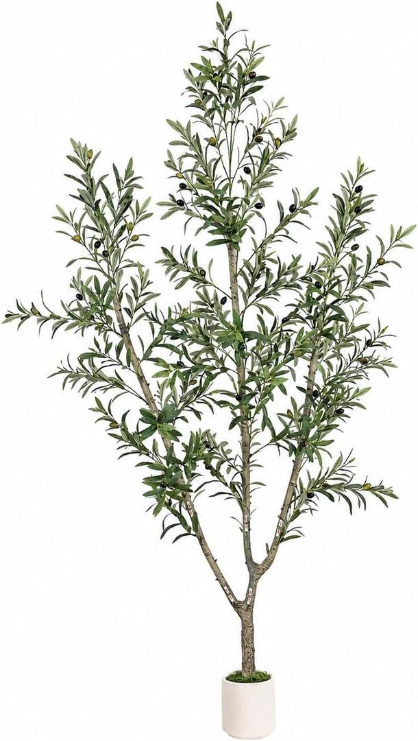 Olive Trees Artificial Indoor, 7ft Tall Olive Tree with White Planter, Faux olive tree with Natural Wood Trunk & Realistic Leaves & Lifelike Fruits, Artificial Plants for Home Decor Office Living Room