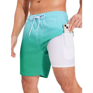 SILKWORLD Mens Swim Trunks Quick Dry Compression Liner 2 in 1 Shorts Men Swimsuit (X-Large, Blue Green Gradient)