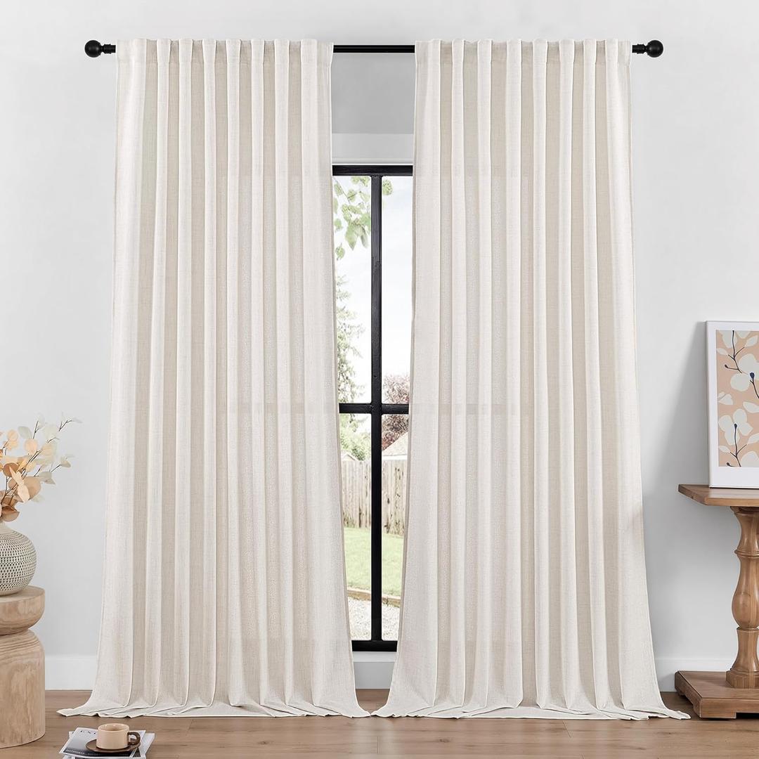DaysU Natural 98 Inch Long Linen Bedroom Curtains 2 Panel Sets for Living Room, Semi Sheer Light Filtering Curtain with Rod Pocket Hook Belt Privacy Farmhouse Curtains, Long Curtains & Drapes, 54x98