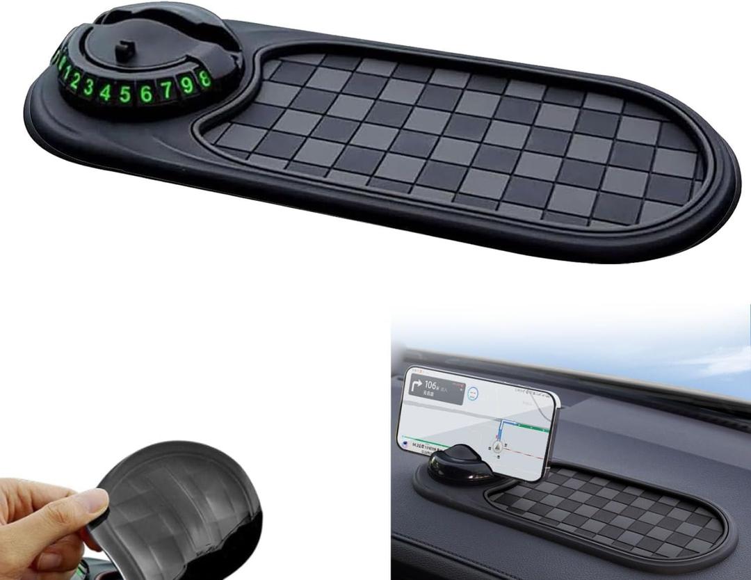 Multifunction Car Anti-Slip Mat with Phone Holder & Hidden Number Plate  360 Rotatable Dashboard Organizer for Phones, Keys, and More (Black)