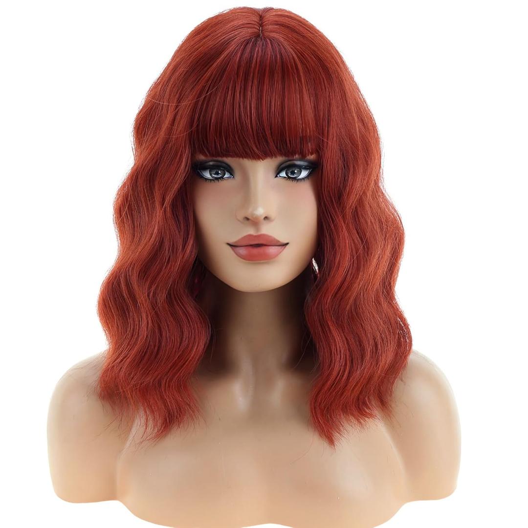 Copper Red Wigs for Women Short Curly Wavy Red Brown Wig for Girls Short Bob Wig With Bangs Auburn wig Heat Resistant Synthetic Wigs for Cosplay Costume Party